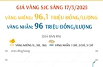 Giá vàng SJC sáng 17/3/2025 lập kỷ lục mới, trên 96 triệu đồng/lượng