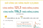 Sáng 3/5/2025: Giá vàng SJC ổn định, vàng miếng ở mức 121,3 triệu đồng/lượng