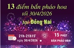 Đồng Nai bắn pháo hoa tại 13 điểm trong dịp lễ 30/4/2026