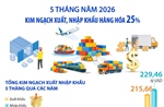 5 tháng năm 2026: Kim ngạch xuất, nhập khẩu hàng hóa tăng 25%