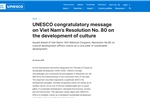 UNESCO đăng thông điệp chúc mừng Nghị quyết phát triển văn hóa Việt Nam
