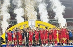 Các cầu thủ U23 Việt Nam hân hoan nâng cao cúp vô địch U23 Đông Nam Á 2025
