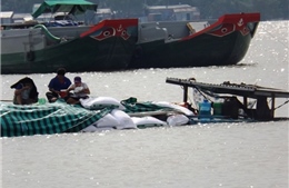 Va tàu biển, ghe chở 25 tấn thức ăn thuỷ sản chìm trên sông Hậu