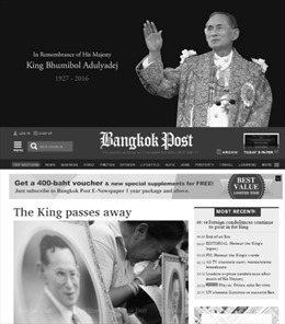 Truyền thông Thái Lan đồng loạt đổi màu đen trắng để quốc tang