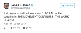 Ông Trump đăng trạng thái Twitter đầu tiên trong ngày nhậm chức
