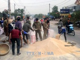 Lực lượng công an và người dân giúp chủ xe container thu gom cám bị đổ trên đường