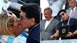 WORLD CUP 2018: Maradona trao bạn gái nụ hôn kiểu Pháp trên khán đài ngày Argentina bị loại