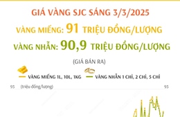 Giá vàng SJC sáng 3/3/2025 tăng lên 91 triệu đồng/lượng