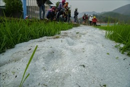 Mưa đá mật độ dày, phủ trắng xóa đường tại Điện Biên