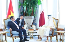 Thủ tướng Phạm Minh Chính chào Quốc vương Qatar Tamim bin Hamad Al Thani