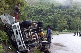 Xe tải chở trâu mất lái, lao vào vách núi 