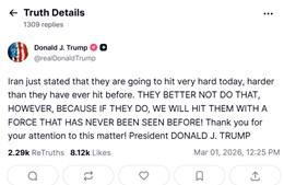 Cảnh báo mới nhất của Tổng thống Trump sau khi Iran tuyên bố tiếp tục trả đũa