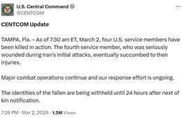 Thêm một binh sĩ Mỹ thiệt mạng trong vụ Iran tấn công trả đũa