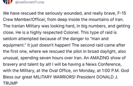 Tổng thống Trump sẽ họp báo về chiến dịch giải cứu phi công Mỹ ở Iran