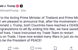 Tổng thống Trump thông báo &#39;tin vui&#39; cho Thái Lan, Campuchia sau thỏa thuận ngừng bắn