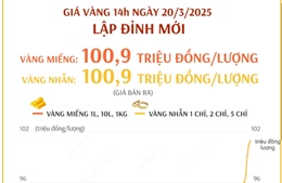 Giá vàng lúc 14h ngày 20/3 lên mức gần 101 triệu đồng/lượng