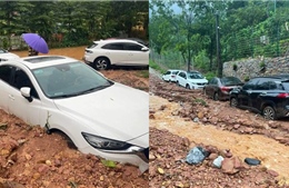 Hà Nội: Nhiều ô tô mắc kẹt do sạt lở đất ở Sóc Sơn