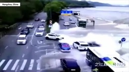 Hàng loạt ô tô bị thủy triều đánh dạt khi đang đi giữa đường