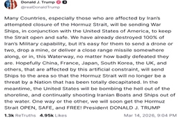 Tổng thống Trump cam kết ‘ném bom dữ dội’ dọc bờ biển khu vực Eo biển Hormuz