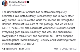 Tổng thống Trump yêu cầu các nước nhận dầu qua Eo biển Hormuz đảm bảo an toàn tuyến vận chuyển