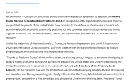 Washington phát thông điệp cứng rắn về tái thiết Ukraine từ thoả thuận khoáng sản ký với Kiev