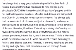 Tiết lộ của Tổng thống Trump trong dòng trạng thái mới nhất về xung đột Nga-Ukraine
