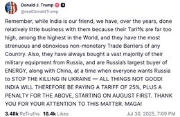 Tổng thống Trump áp thuế cao với Ấn Độ vì giao thương với Liên bang Nga