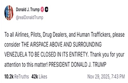 Tổng thống Trump tuyên bố đóng cửa không phận Venezuela sau cảnh báo nguy hiểm của FAA