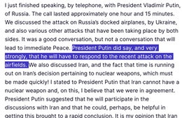 Tổng thống Trump tiết lộ khẳng định của Tổng thống Putin về vụ UAV Ukraine tấn công loạt căn cứ quân sự Nga