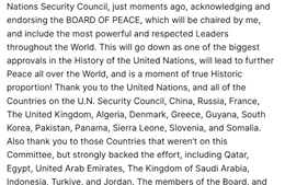 Tổng thống Trump lên tiếng sau khi Liên hợp quốc thông qua nghị quyết lịch sử về Gaza