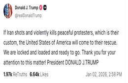 Biểu tình ở Iran: Tổng thống Trump tuyên bố đã ‘khoá mục tiêu’ và 'sẵn sàng hành động'