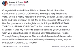 Tổng thống Trump lên tiếng về chiến thắng lịch sử, chiếm siêu đa số Hạ viện của đảng LDP ở Nhật Bản