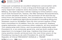 Tổng thống Mỹ Donald Trump tiết lộ nội dung điện đàm với Chủ tịch Trung Quốc Tập Cận Bình