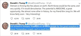 Tổng thống Mỹ Donald Trump cảm ơn Việt Nam vì sự đón tiếp nồng hậu