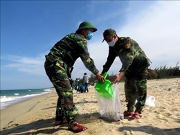 Hoàn tất thu gom chất thải lạ màu đen dạt vào bờ biển Quảng Ngãi