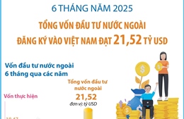6 tháng năm 2025: Tổng vốn đầu tư nước ngoài đăng ký vào Việt Nam đạt 21,52 tỷ USD