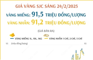 Giá vàng SJC sáng 24/2/2025: Vàng nhẫn ở mức 91,2 triệu đồng/lượng