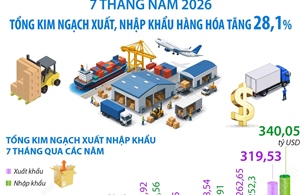 7 tháng năm 2026: Tổng kim ngạch xuất, nhập khẩu hàng hóa tăng 28,1%