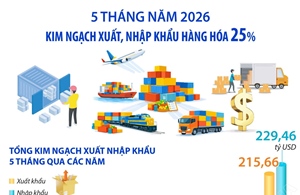5 tháng năm 2026: Kim ngạch xuất, nhập khẩu hàng hóa tăng 25%