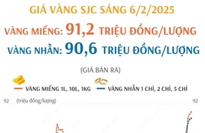 Giá vàng miếng SJC sáng 6/2 niêm yết 91,2 triệu đồng/lượng, vàng nhẫn 90,6 triệu đồng/lượng