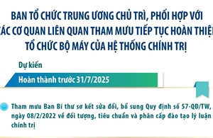 Ban Tổ chức Trung ương chủ trì phối hợp với các cơ quan liên quan tham mưu tiếp tục hoàn thiện bộ máy của tổ chức chính trị