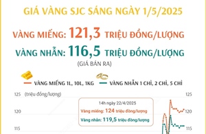 Sáng 1/5/2025: Giá vàng miếng SJC ở mức 121,3 triệu đồng/lượng