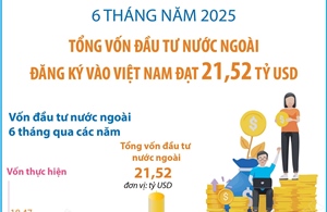6 tháng năm 2025: Tổng vốn đầu tư nước ngoài đăng ký vào Việt Nam đạt 21,52 tỷ USD
