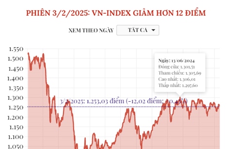 Phiên 3/2/2025: VN-Index giảm hơn 12 điểm