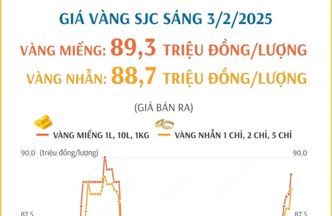 Giá vàng SJC sáng 3/2/2025: Vàng miếng lên trên mốc 89 triệu đồng/lượng