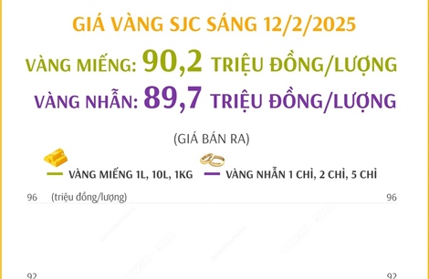 Giá vàng SJC sáng 12/2/2025 giảm mạnh, về khoảng 90 triệu đồng/lượng