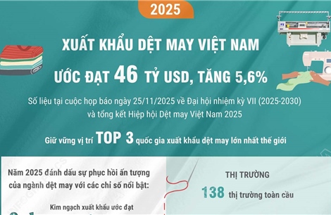 Xuất khẩu dệt may Việt Nam năm 2025 ước đạt 46 tỷ USD, tăng 5,6%