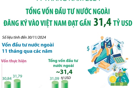 11 tháng, tổng vốn đầu tư nước ngoài đăng ký vào Việt Nam đạt gần 31,4 tỷ USD