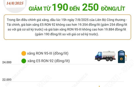 Giá xăng giảm từ 190 đến 250 đồng/lít