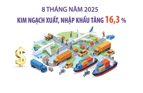 8 tháng năm 2025: Kim ngạch xuất, nhập khẩu tăng 16,3%